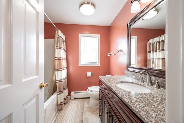 full bathroom featuring shower / tub combo with curtain, tile patterned flooring, vanity, a baseboard heating unit, and toilet