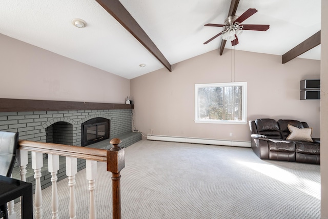 carpeted living room featuring vaulted ceiling with beams, a fireplace, ceiling fan, and baseboard heating