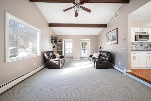 sitting room featuring carpet floors, a baseboard heating unit, vaulted ceiling with beams, and ceiling fan