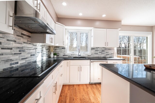 kitchen with white cabinetry, sink, light wood-type flooring, stainless steel dishwasher, and black electric cooktop