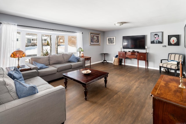 living room with dark hardwood / wood-style floors