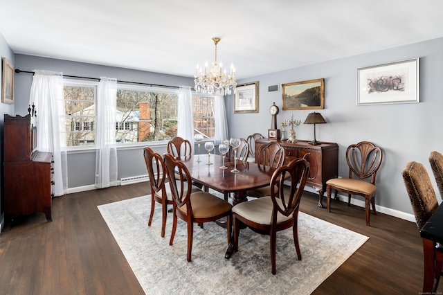 dining room featuring dark hardwood / wood-style floors and a chandelier