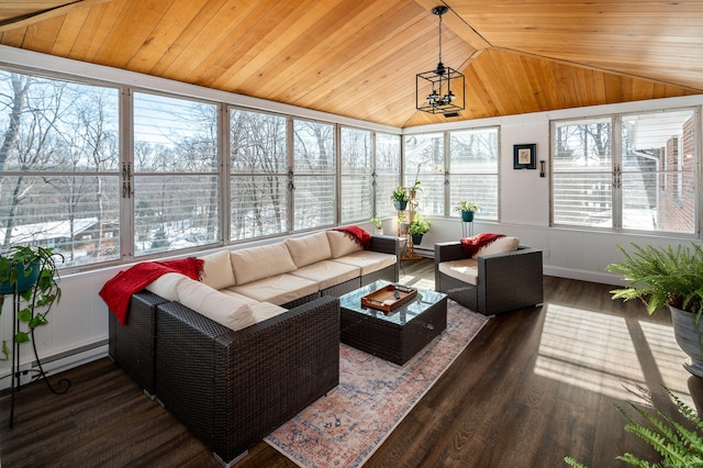 sunroom featuring wood ceiling, lofted ceiling, and baseboard heating