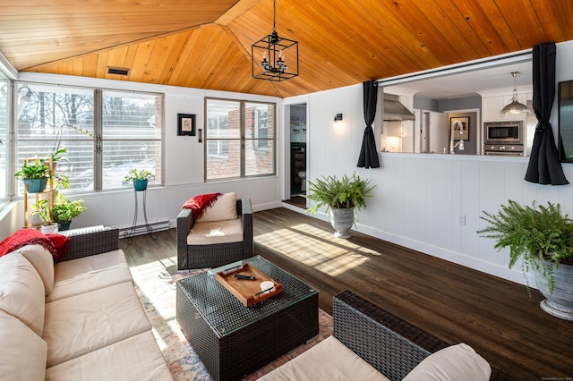 sunroom featuring an inviting chandelier, wood ceiling, a baseboard radiator, and vaulted ceiling