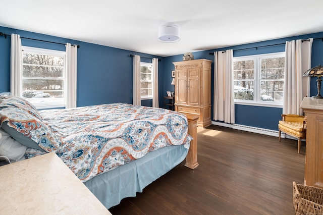 bedroom with multiple windows and dark hardwood / wood-style floors