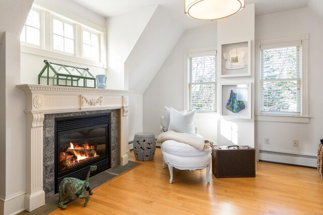 living area featuring a healthy amount of sunlight, a premium fireplace, and wood-type flooring