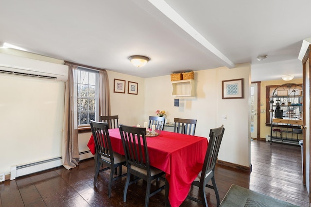 dining area with baseboard heating, a wall mounted AC, and dark hardwood / wood-style flooring