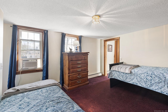 carpeted bedroom featuring baseboard heating, a textured ceiling, and cooling unit