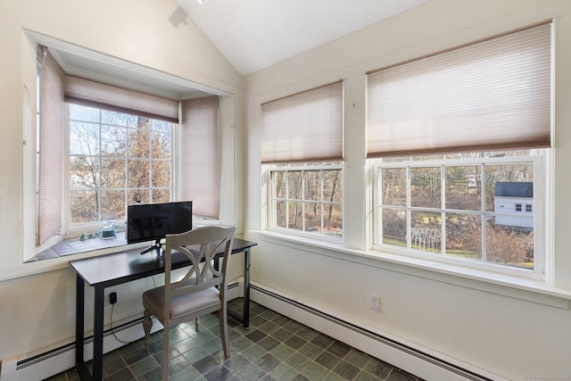 office space featuring baseboard heating and lofted ceiling