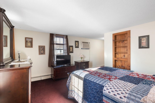 bedroom with dark carpet, a wall unit AC, and a baseboard heating unit