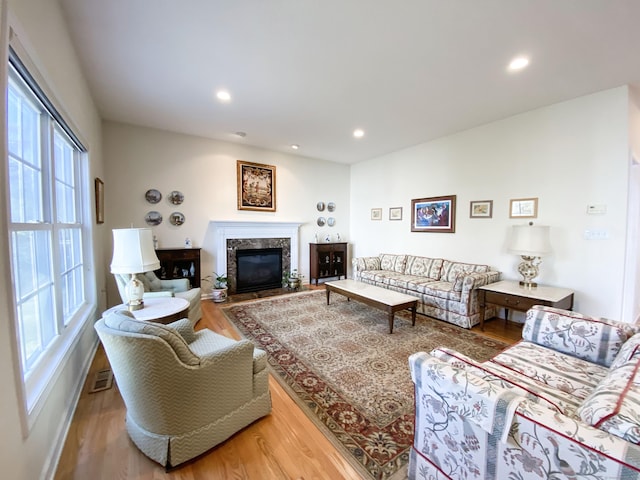 living room with hardwood / wood-style flooring and a fireplace