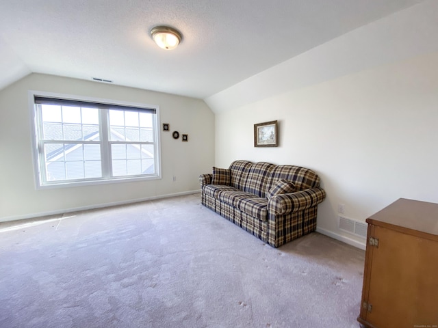 carpeted living room with lofted ceiling