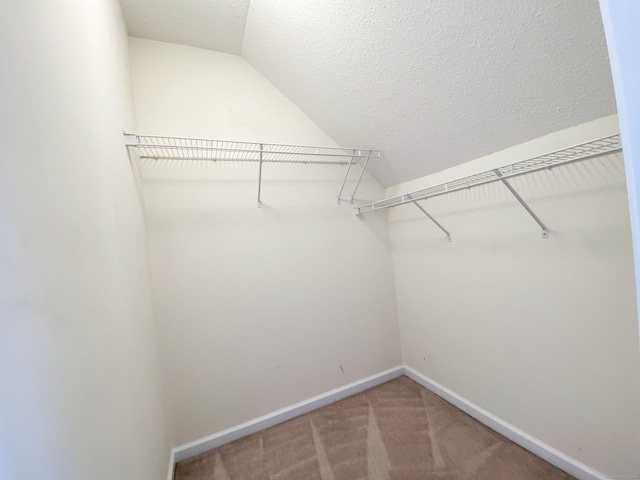 spacious closet featuring lofted ceiling and carpet floors