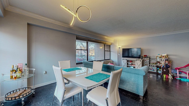 dining room with crown molding and a textured ceiling