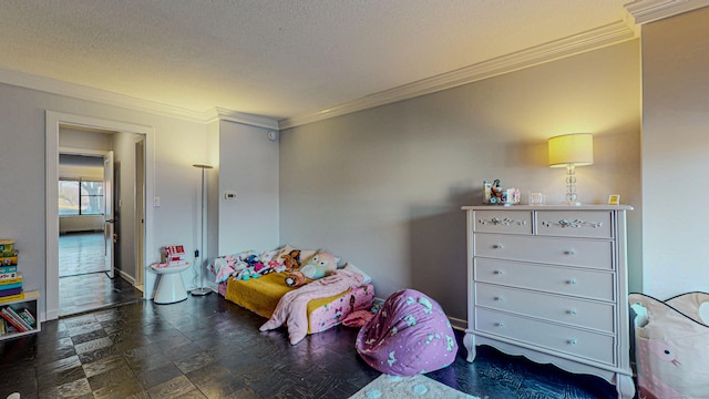 bedroom featuring ornamental molding and a textured ceiling