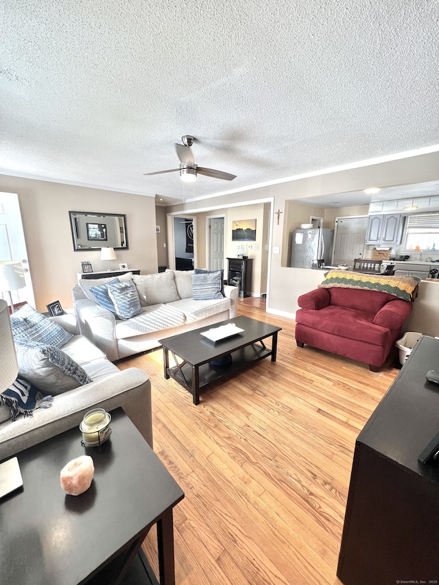 living room with ceiling fan, wood-type flooring, and a textured ceiling