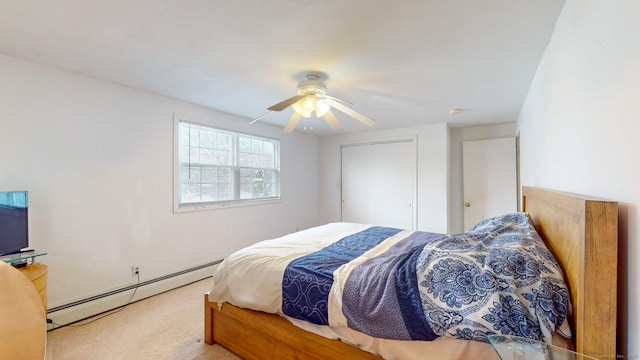 bedroom featuring ceiling fan, light colored carpet, and a baseboard heating unit