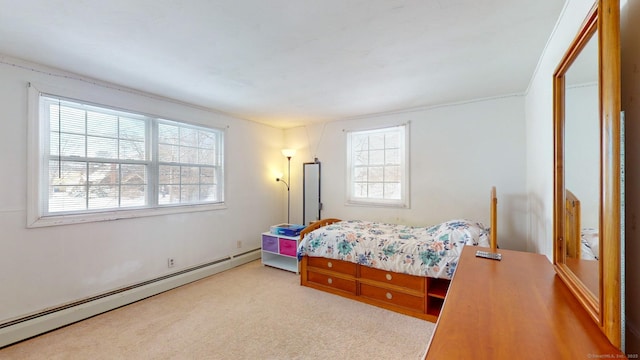 carpeted bedroom with a baseboard radiator and multiple windows