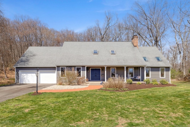 cape cod home with a chimney, a front lawn, concrete driveway, an attached garage, and a porch