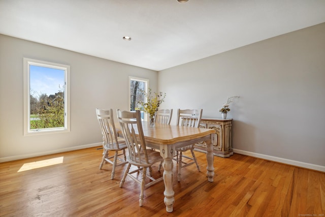 dining room featuring baseboards, a healthy amount of sunlight, and light wood-type flooring