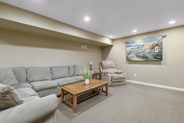 living room featuring light colored carpet, baseboards, visible vents, and recessed lighting