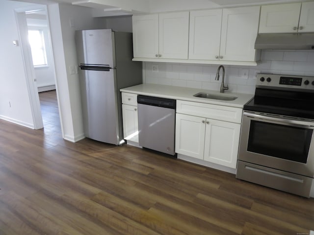 kitchen with sink, white cabinetry, a baseboard radiator, appliances with stainless steel finishes, and dark hardwood / wood-style floors