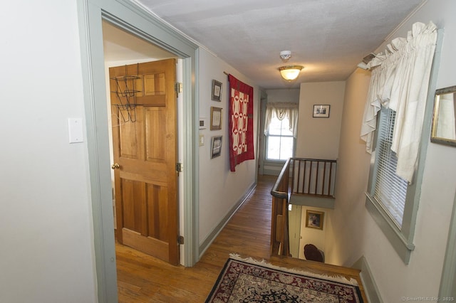 hall featuring dark wood-type flooring and a textured ceiling