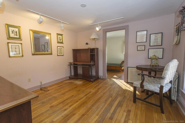 living area with track lighting and hardwood / wood-style floors