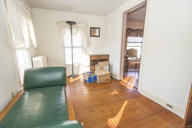 sitting room with wood-type flooring and radiator