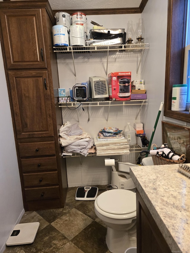 bathroom featuring crown molding, vanity, and toilet