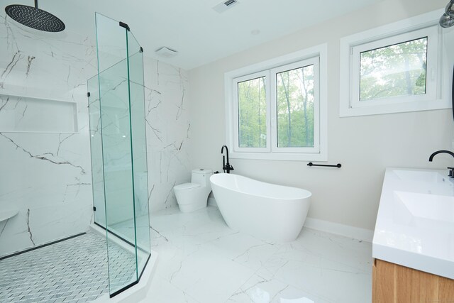 1240 Westport Tpke, Fairfield, CT 06824 - bathroom with visible vents, a freestanding bath, a marble finish shower, and marble finish floor