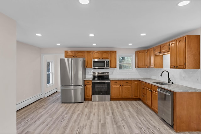 kitchen featuring baseboard heating, appliances with stainless steel finishes, sink, light wood-type flooring, and decorative backsplash