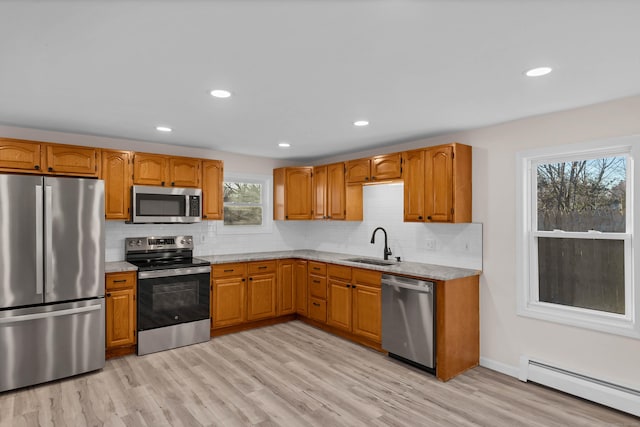 kitchen featuring a wealth of natural light, appliances with stainless steel finishes, a baseboard heating unit, sink, and light wood-type flooring