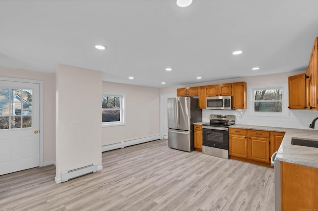 kitchen featuring decorative backsplash, a baseboard radiator, appliances with stainless steel finishes, and light hardwood / wood-style floors