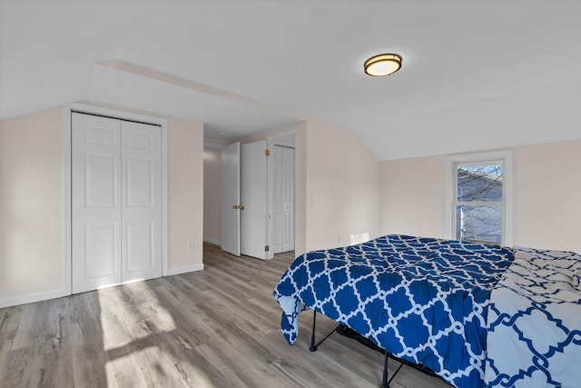 bedroom with hardwood / wood-style floors and lofted ceiling