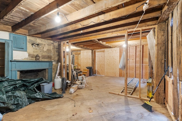 basement with a fireplace