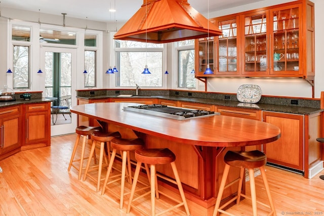 kitchen with plenty of natural light, a center island, light hardwood / wood-style floors, custom range hood, and stainless steel gas stovetop