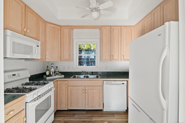 kitchen featuring sink, light brown cabinets, white appliances, and a tray ceiling