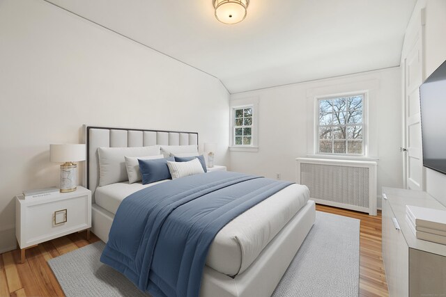 bedroom featuring wood-type flooring, vaulted ceiling, and radiator