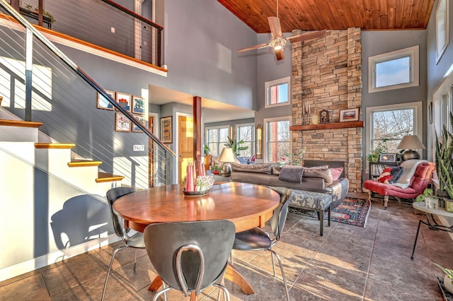 dining area with high vaulted ceiling, wooden ceiling, and a healthy amount of sunlight