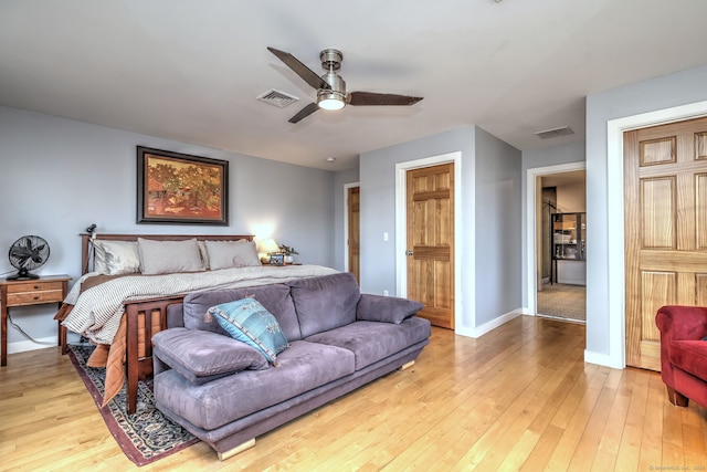 bedroom featuring ceiling fan and light wood-type flooring