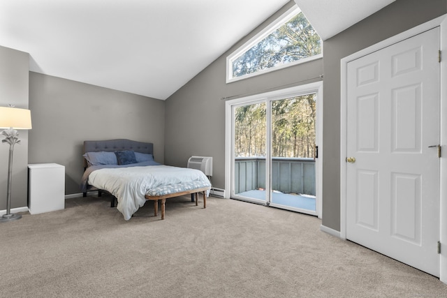 bedroom with lofted ceiling, access to outside, baseboard heating, a wall unit AC, and light colored carpet