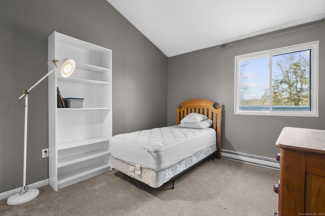 bedroom featuring lofted ceiling, carpet floors, and a baseboard radiator