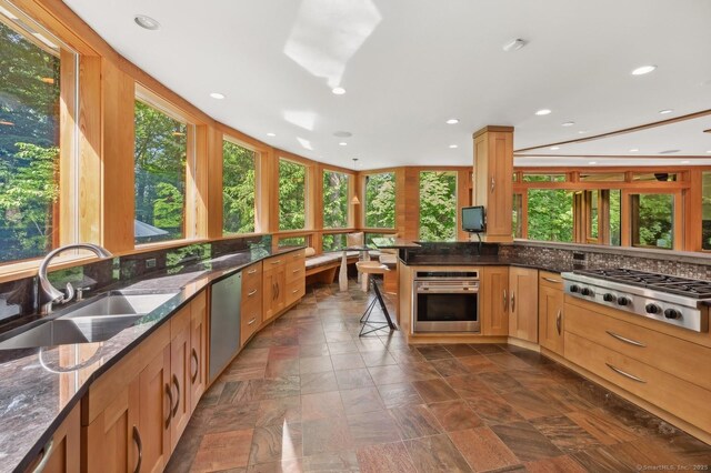 kitchen featuring sink, a kitchen bar, dark stone counters, and appliances with stainless steel finishes