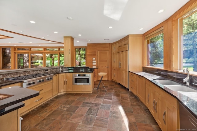 kitchen with sink, light brown cabinets, dark stone counters, and appliances with stainless steel finishes