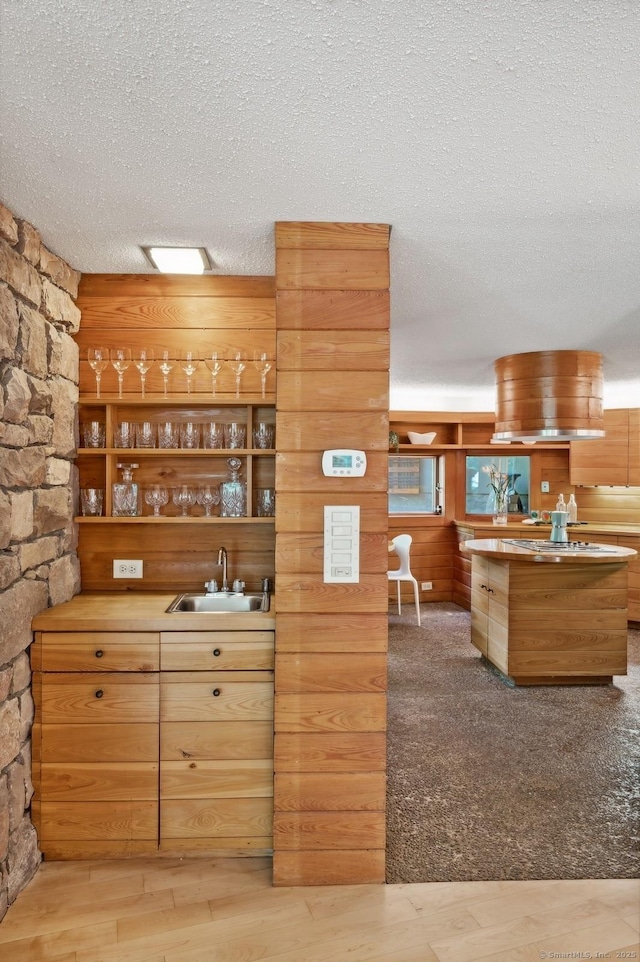 bar featuring sink, a textured ceiling, and wood walls