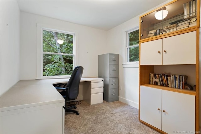 home office with light carpet