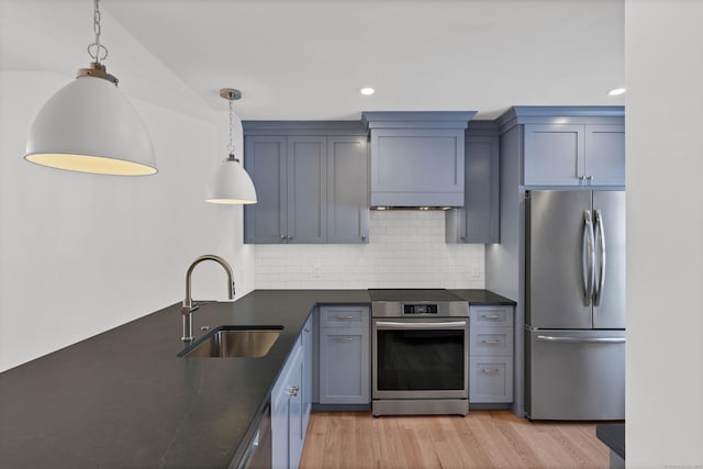 kitchen with appliances with stainless steel finishes, pendant lighting, sink, decorative backsplash, and custom exhaust hood