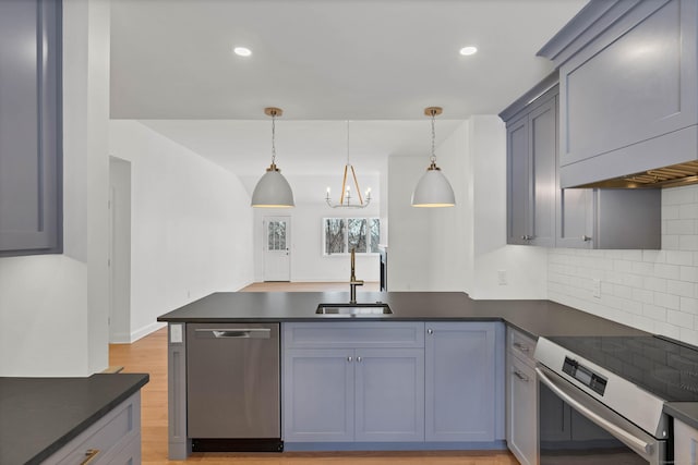 kitchen with pendant lighting, sink, backsplash, stainless steel appliances, and light wood-type flooring