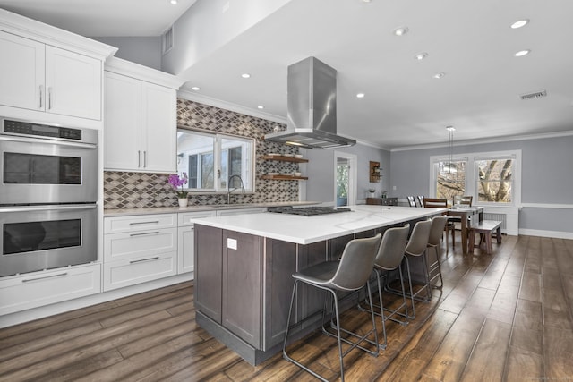 kitchen with stainless steel appliances, white cabinets, and island exhaust hood